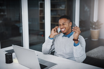 Aufkleber - Businessman, laptop and laughing with phone call for communication, humor or comedy at office. Black man, accountant or employee with smile on mobile smartphone for friendly conversation at workplace