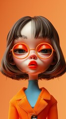 Wall Mural - 3D illustration of a young woman with brown hair and orange glasses