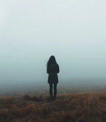 Sticker - b'A woman standing alone in a field of tall grass, with a thick fog in the background'