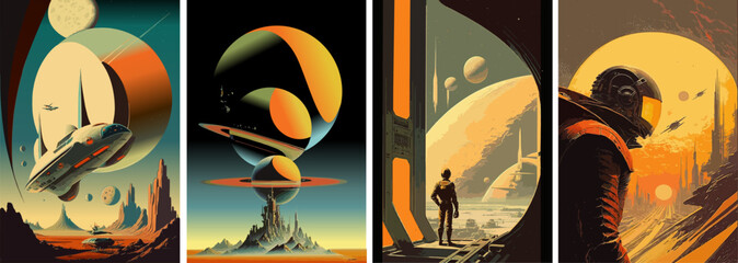 Wall Mural - space, astronaut and science fiction. vector illustrations of universe, spaceship, planet, future, f