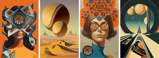 Wall Mural - psychedelic, abstract and science fiction. vector illustrations of space objects, people, planets, d