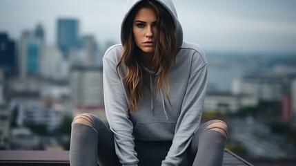 Poster - b'Portrait of a young woman in a gray hoodie'