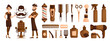 Set of elements on the theme of a hairdressing salon. A guy and a girl are barbershop workers. Haircut machine, combs, scissors, hair dryer, razor, perfume, barbershop supplies, vector cartoon.