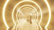 light in the tunnel, 3D rendering golden light tunnel with futuristic white neon lights, mall pop-up store photo wall background, minimal style.