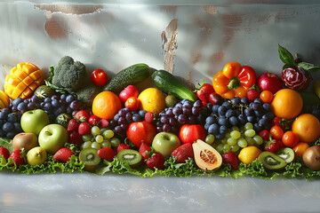Wall Mural - Fresh organic fruits and vegetables arranged beautifully, promoting sustainable eating habits