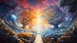 Mystical Library Pathway Celestial Trees Cosmic Journey
