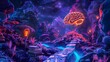 Surreal Neon Landscape Brain Pathway Lightbulbs Night Sky