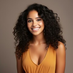 Poster - b'portrait of a beautiful young woman with curly hair smiling wearing a yellow dress'