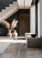 Wall Mural - b'A minimalist entryway with a modern staircase and a large wooden door'