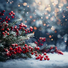 Wall Mural - b'close up of red berries and green leaves with snow'