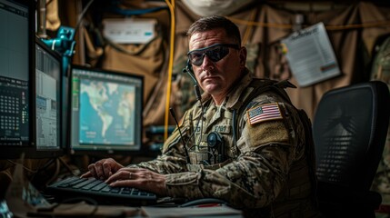 Wall Mural - b'A soldier wearing military uniform is working on a computer.'