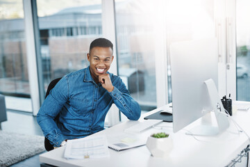 Aufkleber - Portrait, black man and computer in office, workplace or desktop for online work. Technology, desk or professional administration clerk for corporate business, male employee and smile with paperwork
