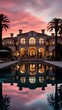 b'A stunning mansion with a pool reflecting the beautiful sky'