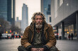 A homeless man on the street of a big city against the background of a large business center.