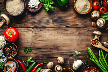 Wall Mural - Food and cooking background. Wooden table with vegetables, spices and ingredients for preparing vegan Asian dishes with mushrooms and soy sauce. top view, copy space