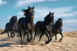 A small herd of free wild black horses running on loose sand in the desert against a cloudy sky.