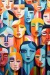 Patchwork of faces, celebration of diversity, pastel populace ,  illustrative image rendered in a flat graphic style