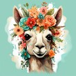 Cheerful llama illustration, summer flower headdress, teal backdrop, festive vibes ,  high resolution