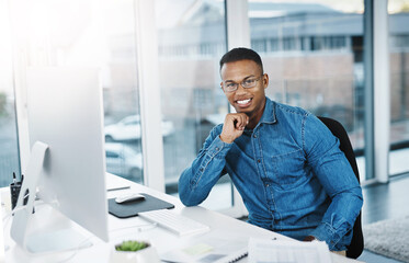 Aufkleber - Portrait, smile and businessman in modern office with laptop, paperwork and happy at desk. Black man, pride and technology in workplace for internship, journalist and research for startup company