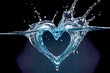 High Quality natural water splashes into shape of a heart on a black background
