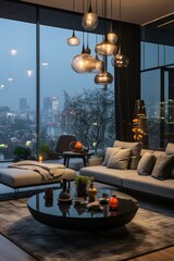 Wall Mural - b'Modern living room interior with city view at night'