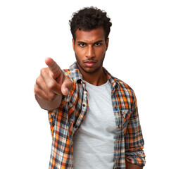 Young man pointing directly in casual outfit with transparent background