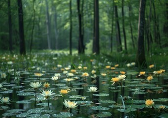 Wall Mural - Mystical pond with white and yellow lotuses in the middle of a dense forest