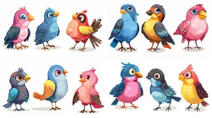 Wall Mural - cute funny cartoon bird, illustration isolated on white background collection set clip art, Generative Ai