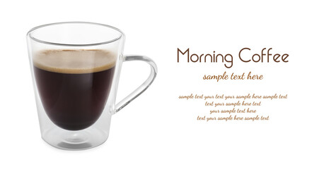 Canvas Print - Aromatic coffee in cup and text sample on white background, banner design