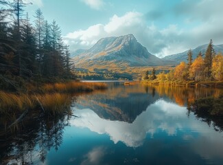 Poster - b'Mountain lake in the valley with colorful trees in autumn'