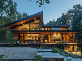 Modern House Exterior With Large Windows And Terrace