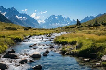 Sticker - b'A river flowing through a valley in the Swiss Alps'