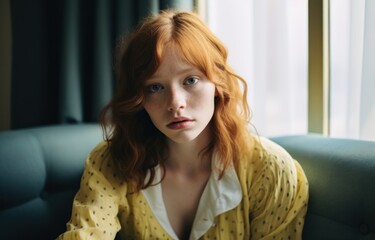 Sticker - a woman with red hair and freckles sitting on a couch