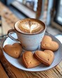 Coffee with heart shaped cookies for Valentines Day