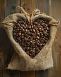 Heart shaped arrangement of beans on a burlap sack, Focus on Coffee Bean