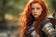 a woman with red hair and freckles wearing armor