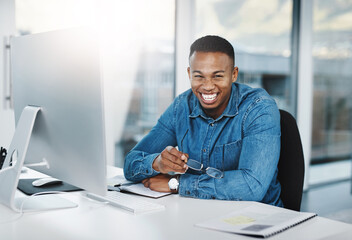 Aufkleber - Portrait, happiness and black man in modern office with laptop, paperwork and laugh at desk. Businessman, smile and technology in workplace for internship, journalist and online streaming or research