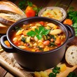 a bowl of soup with bread and vegetables