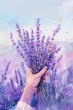 Hand with a bouquet of lavender on the background of a lavender field