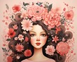 Folk art lady, botanical hairstyle, blush pink canvas, sweet nostalgia ,  illustrative image rendered in a flat graphic style