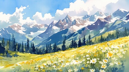 Wall Mural - Experience the breathtaking beauty of a hand drawn watercolor landscape capturing the picturesque scenery of snowy mountains nestled within a forest setting This scenic camping painting per