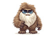 Cartoon smiling yeti or bigfoot hairy character wearing sunglasses on isolated white background. Funny monster toy