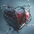 Romantic heart tangled in barbed wire. 3D style. AI generative.