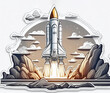 Space shuttle launch, cartoon illustration.