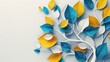 White tree branch with yellow, blue and white leaves on a white background