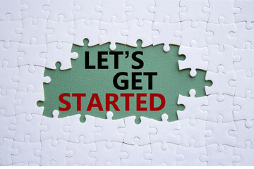 Wall Mural - lets get started symbol. concept words lets get started on white puzzle. beautiful grey green backgr