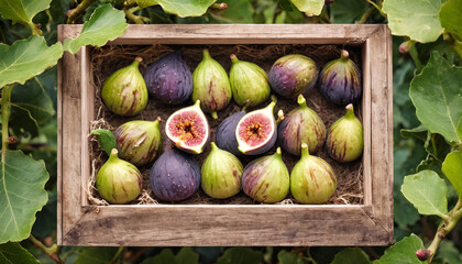 Sticker - Ripe figs in a wooden basket with green foliage on the background. Fresh harvest of figs on the background of the garden.