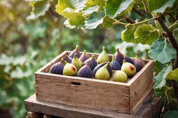 Sticker - Ripe figs in a wooden basket with green foliage on the background. Fresh harvest of figs on the background of the garden.