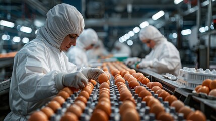 Canvas Print - A woman is working in a factory with other workers