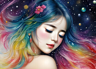 Girl with closed eyes, fantasy fairy tale bright colors dream, generative ai	